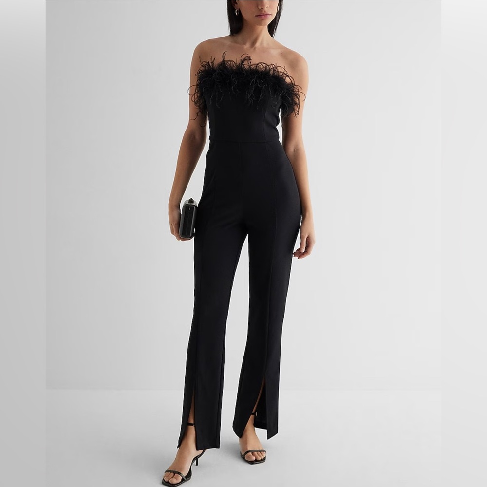 Express Black Feather Trim Jumpsuit Large
